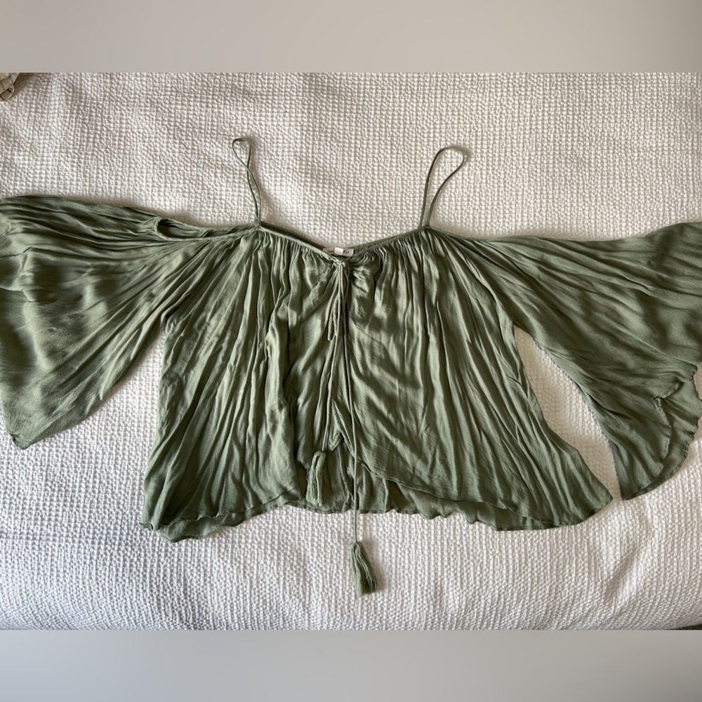 Boho Sage Open Shoulder Flowy Top